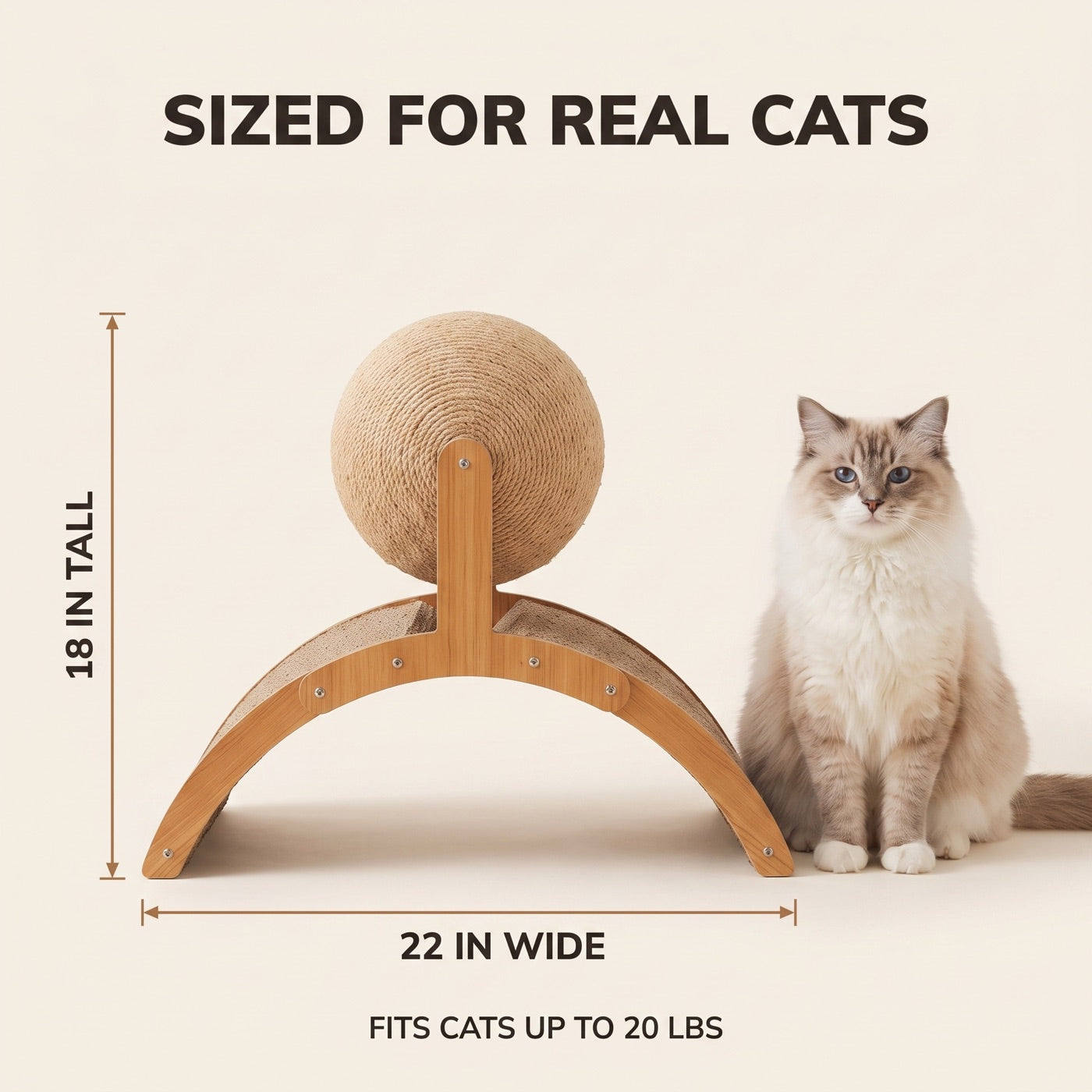 Size guide: 22 inches wide, 18 inches tall, for cats up to 20 lbs